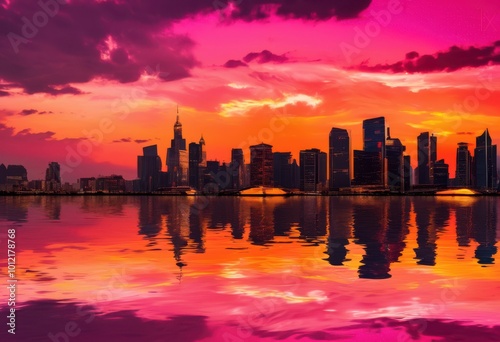 breathtaking colorful skyline reflections mirrored tranquil water during stunning sunset, cityscape, dusk, horizon, evening, colors, light, gradient