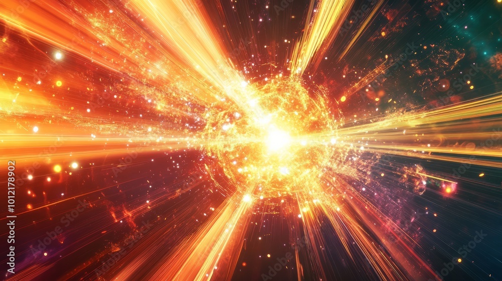 Obraz premium A futuristic design illustrating rapid data movement with glowing rays and dynamic explosions, capturing the essence of space travel