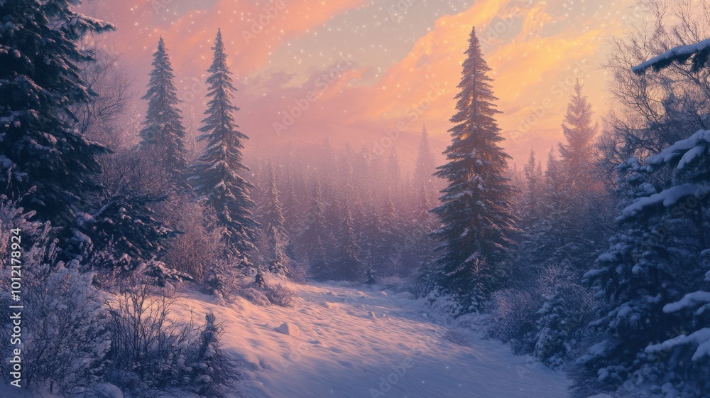 A dense forest covered in freshly fallen snow, with tall evergreens standing silently under the soft glow of a winter sunset. A dense forest covered in freshly fallen snow, with tall evergreens standing silently under the soft glow of a winter sunset.