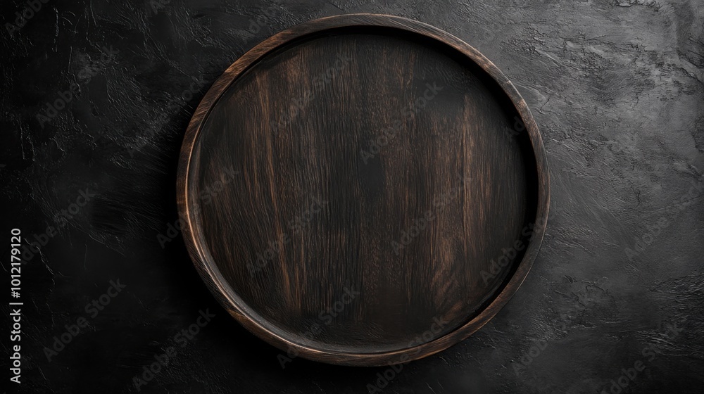Black background with a wooden tray in the center. Black background with a wooden tray in the center.