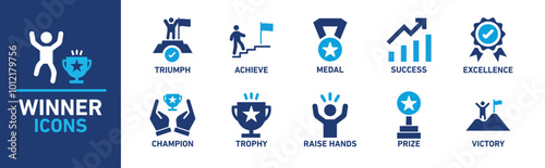 Winner icon set. Includes icons for triumph, achieve, medal, success, excellence, champion, trophy, raise hands, prize, and victory.