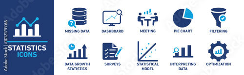 Statistics icon set. Includes icons for missing data, dashboard, meeting, pie chart, filtering, data growth, surveys, statistical model, interpreting data, and optimization.