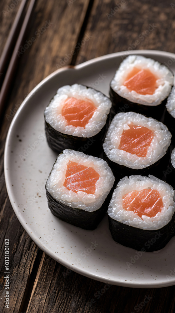 Delicious salmon sushi rolls on a rustic table. Bursting with vibrant colors and tempting aroma. A delightful combination of fresh fish. Rice. And seaweed Delicious salmon sushi rolls on a rustic table. Bursting with vibrant colors and tempting aroma. A delightful combination of fresh fish. Rice. And seaweed