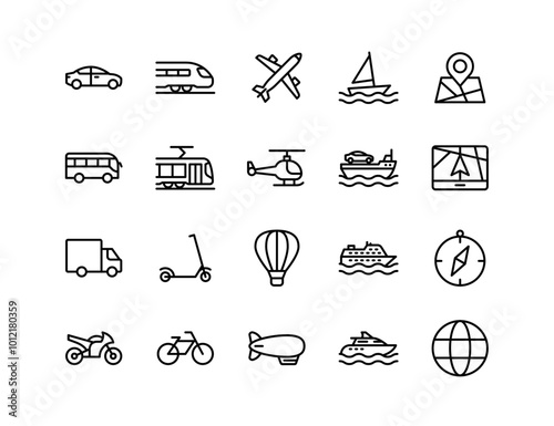 Transportation and Navigation Icon Set: 20 Vector Icons for Cars, Trains, Planes, Maps, Ships, Bicycles, and More – Perfect for Travel Design Projects