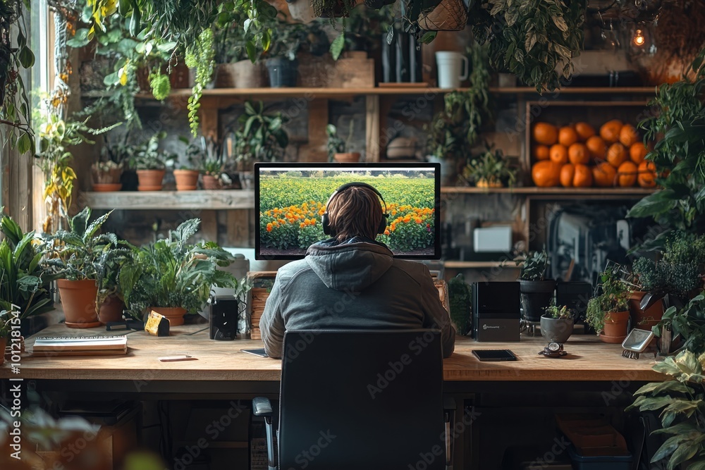 A person wearing headphones sits at a desk in a plant-filled room, working on a computer. A person wearing headphones sits at a desk in a plant-filled room, working on a computer.