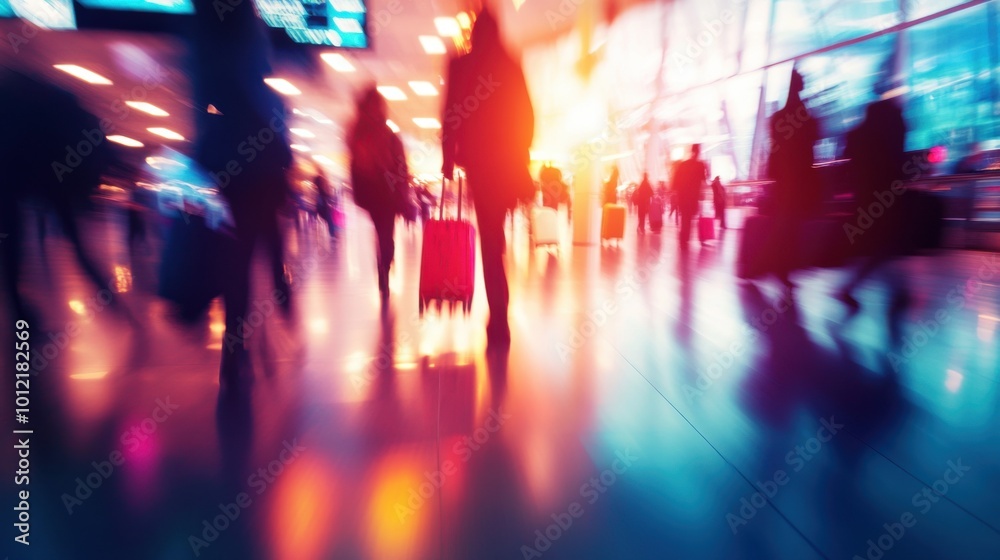 Abstract silhouettes of people moving through a busy airport, with colorful luggage and soft focus lights in the background. Abstract silhouettes of people moving through a busy airport, with colorful luggage and soft focus lights in the background.