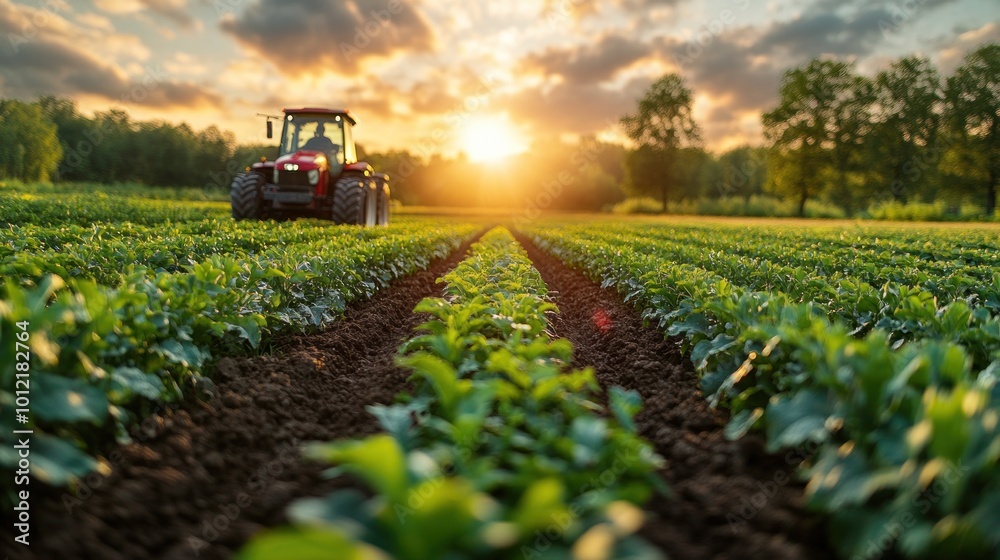 A red tractor working a field of young crops at sunset. A red tractor working a field of young crops at sunset.