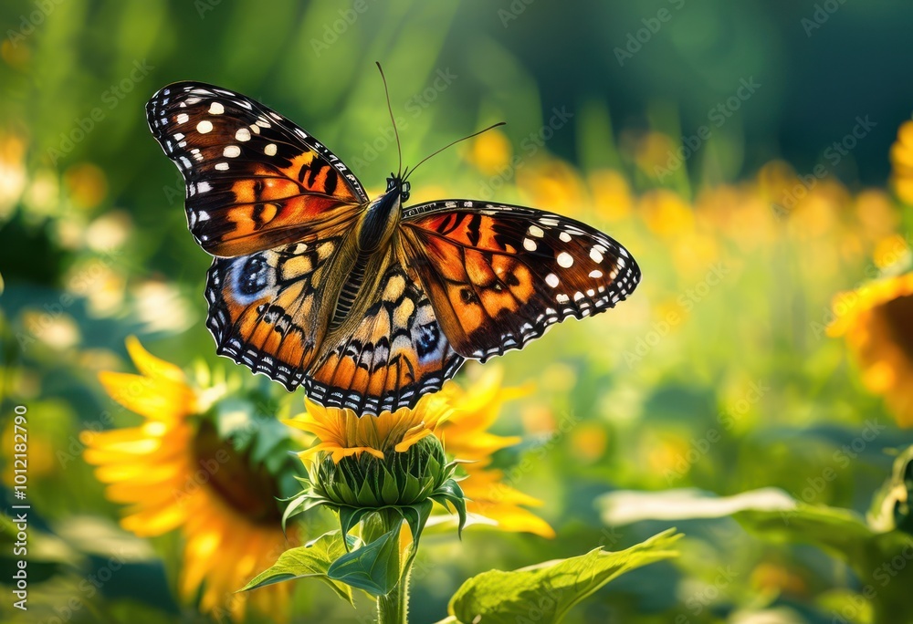 Obraz premium vibrant close ups flora fauna interactions lush natural habitat showcasing colorful landscapes, bee, butterfly, bloom, blossom, branch, fern, flower, grass
