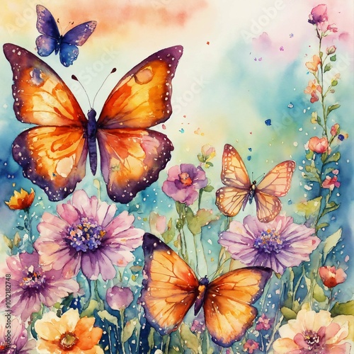 Butterflies and flowers, sketch illustration, AI generated photo