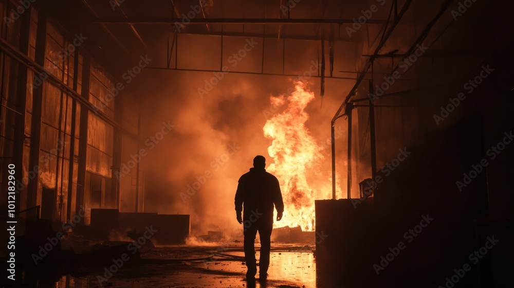 Fototapeta premium Dark figure sneaking away from a warehouse fire, the smoke and flames lighting up the night sky.