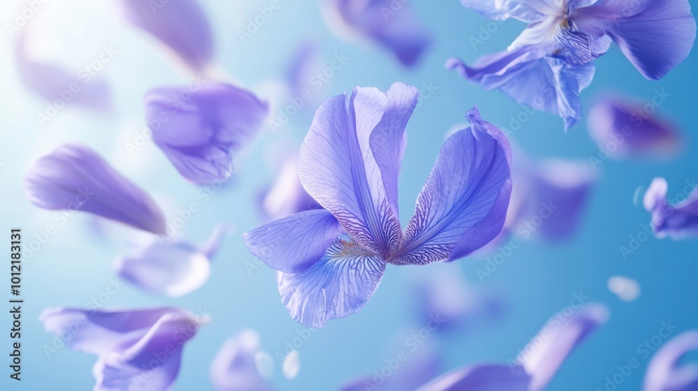 Macro view of violet iris petals falling against a pastel blue background, creating an artistic and serene scene.