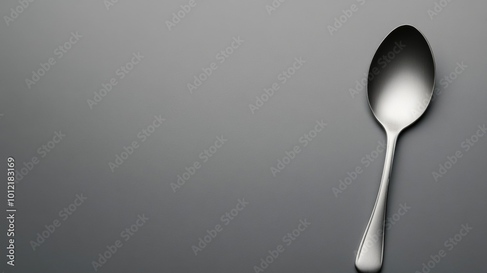 Gray background with a silver spoon lying diagonally. Gray background with a silver spoon lying diagonally.