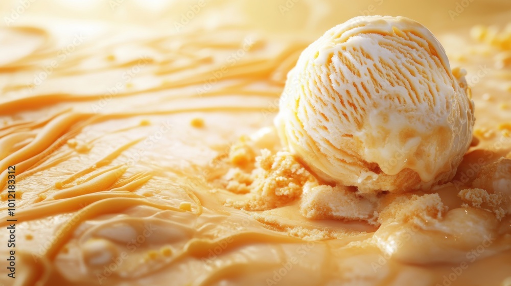 A melting scoop of butterscotch ice cream on a soft caramel background, with smooth butterscotch swirls. A melting scoop of butterscotch ice cream on a soft caramel background, with smooth butterscotch swirls.