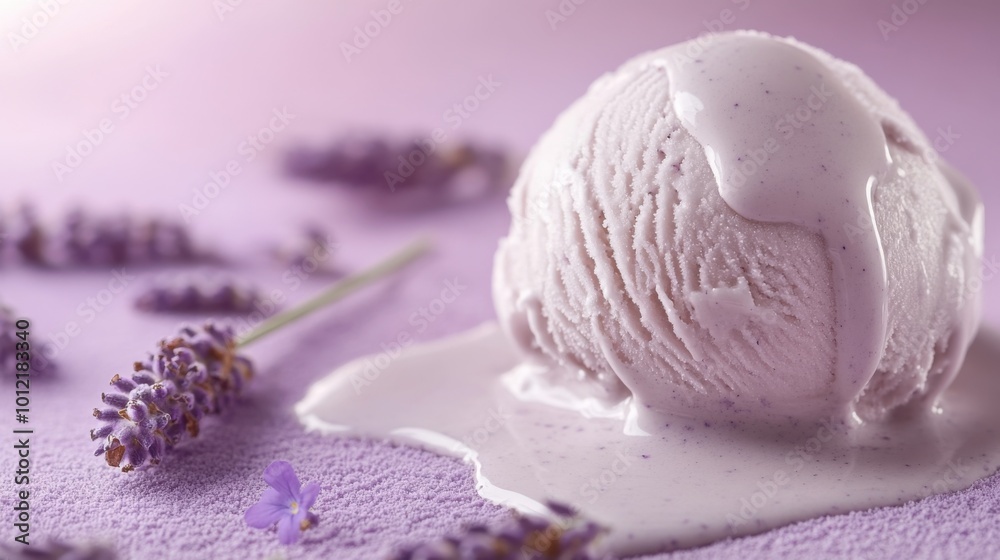 A melting scoop of lavender ice cream on a soft purple background, with delicate floral drips. A melting scoop of lavender ice cream on a soft purple background, with delicate floral drips.