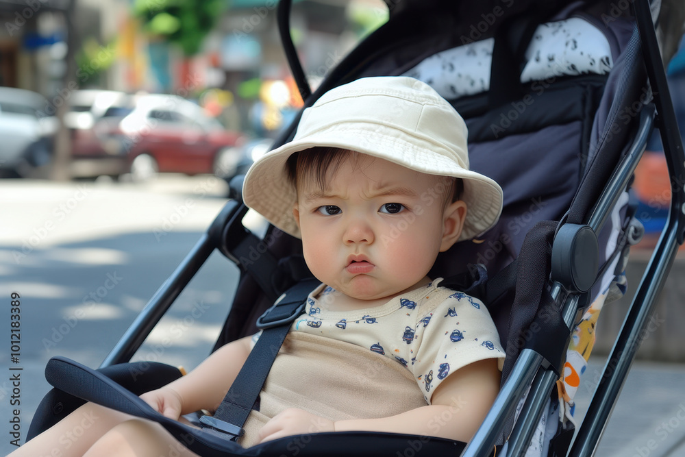 An angry baby sitting in a stroller, wearing a sunhat and a sleeveless top. 