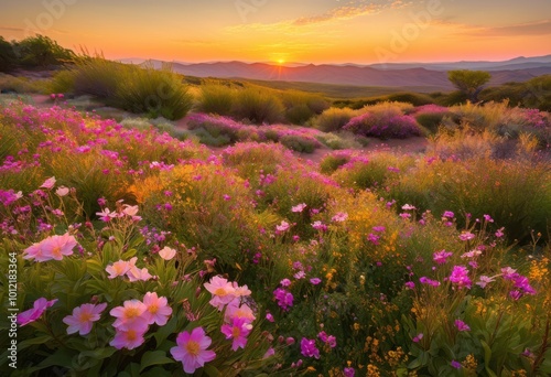 vibrant blossoms set soft landscape backdrop capturing colorful beauty, flowers, petals, nature, colors, gardens, sunlight, spring, blooms, fields