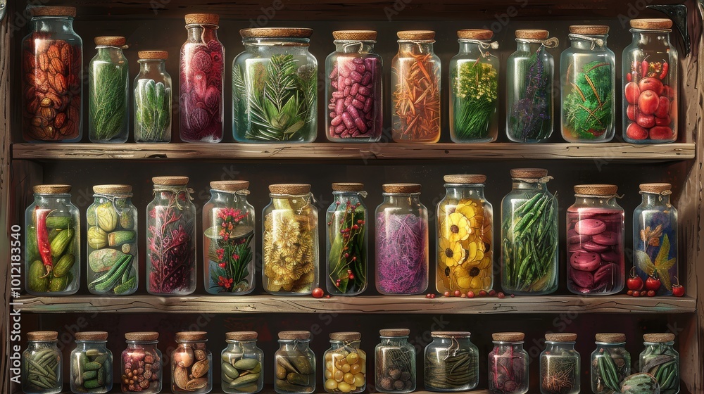 Colorful jars of veggies and herbs on shelves Colorful jars of veggies and herbs on shelves
