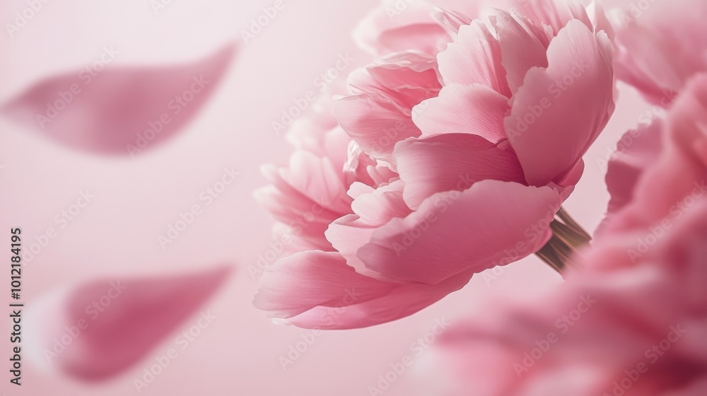 Fototapeta premium Macro close-up of pale pink peony petals falling against a soft pastel pink background, evoking a delicate and feminine feel.