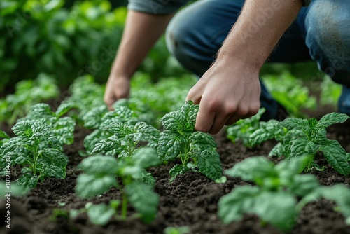 A man's hands carefully tending to a row of young plants in a garden.