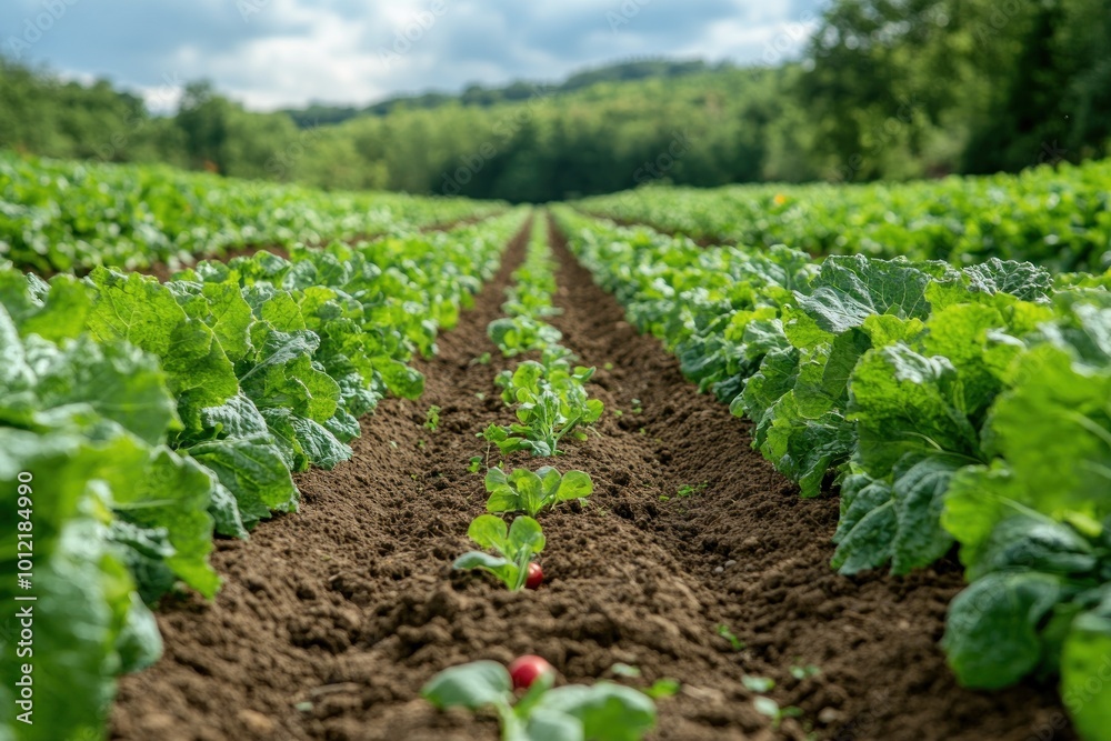 Rows of lettuce and radishes growing in a field. Rows of lettuce and radishes growing in a field.