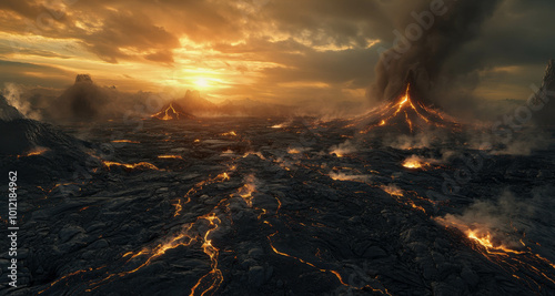 A volcanic landscape with black lava rock stretching across the ground, steam rising from cracks as the sun sets in the distance. photo