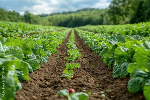 Rows of lettuce and radishes growing in a field.