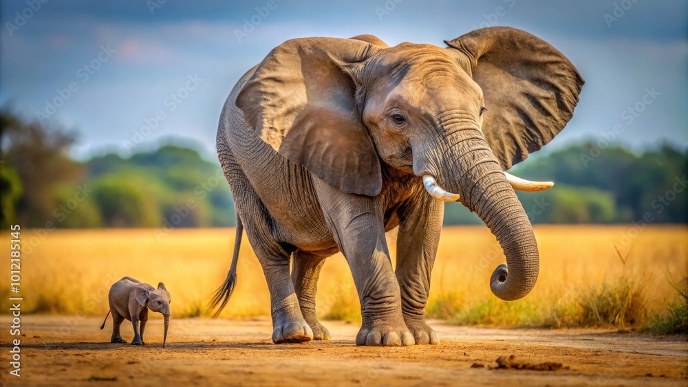 Fototapeta premium Elephant in a playful pose, showcasing its fear of a tiny mouse in a whimsical nature scene