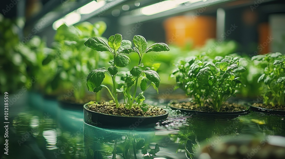 Close-up of fresh green herbs growing in a hydroponic system. Close-up of fresh green herbs growing in a hydroponic system.