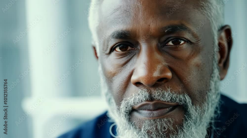 Smiling elderly man with gray hair beard. Happy grandpa portrait closeup. Joy positivity in aging. Cheerful black grandfather looking at camera. Old male face with wrinkles close up. Senior pensioner.