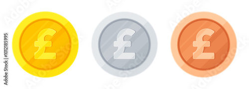 Set of gold, silver and copper coins with British pound sign. Economy, finance, investment, profit, money, sterling currency concept. Flat vector illustration isolated on white background