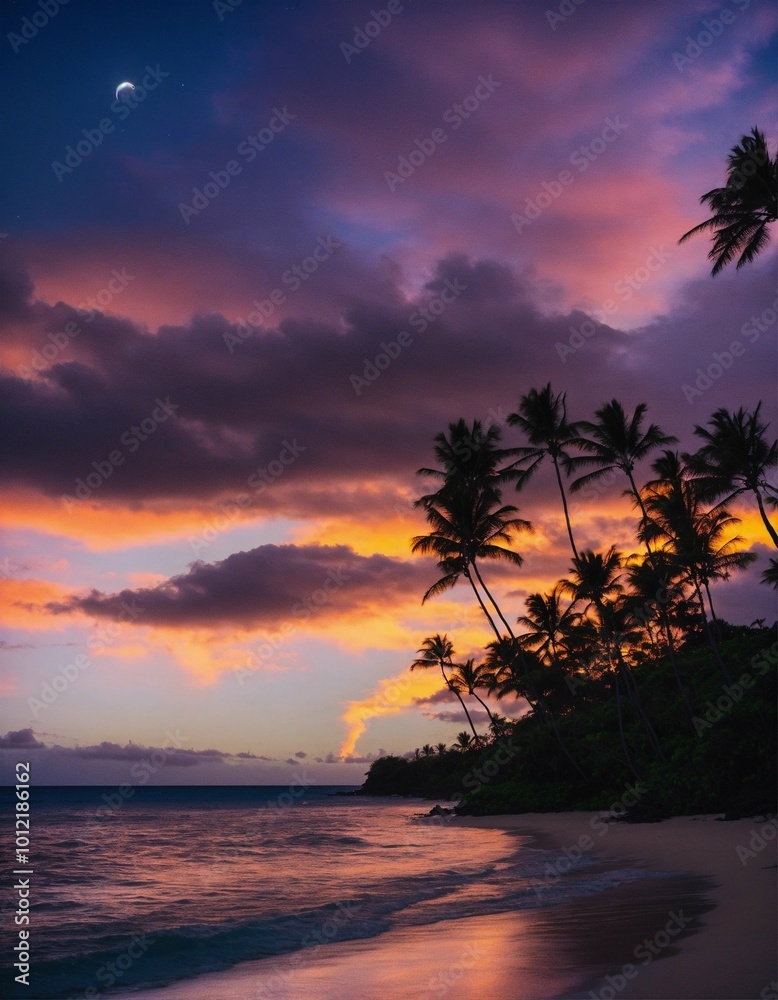 Obraz premium Sunset on the beach and palm trees, AI generated
