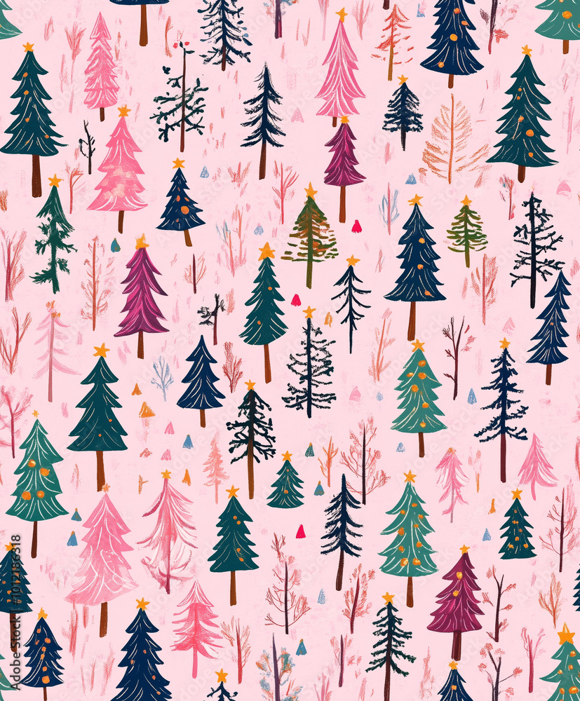 Simple Digital of Christmas Trees pattern in Soft Pastel Tones on Baby Pink Background – Cute and Minimalist Design, children's drawing style Simple Digital of Christmas Trees pattern in Soft Pastel Tones on Baby Pink Background – Cute and Minimalist Design, children's drawing style