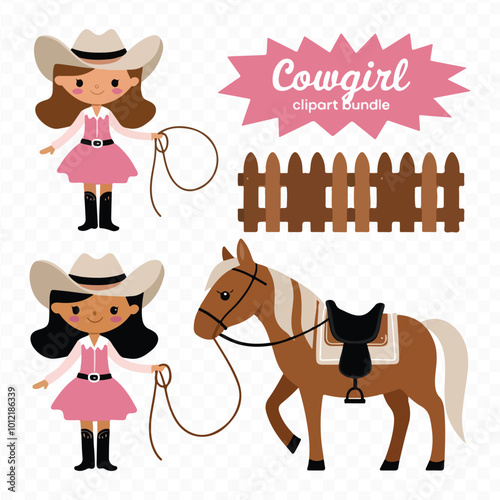 A girl in a cowboy, cowgirl hat with a cow and a horse