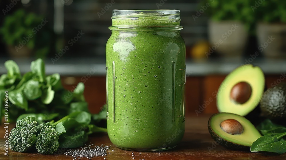 A mason jar filled with a green smoothie with avocado, spinach, broccoli, and chia seeds on a wooden counter. A mason jar filled with a green smoothie with avocado, spinach, broccoli, and chia seeds on a wooden counter.