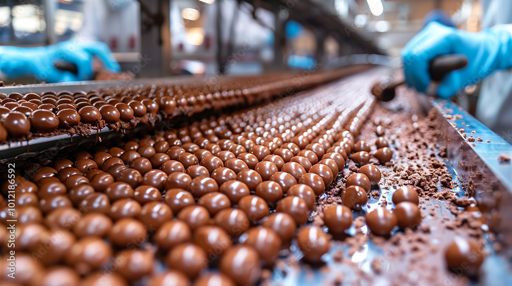 Chocolate candies moving along a conveyor belt are ready to be packaged in a confectionery factory Chocolate candies moving along a conveyor belt are ready to be packaged in a confectionery factory