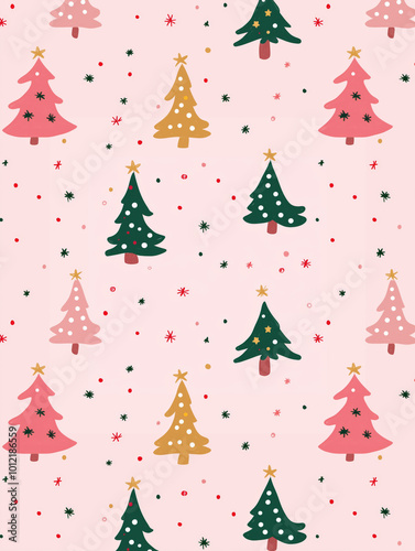 Simple Digital Pattern of Christmas Trees pattern in Soft Pastel Tones on Baby Pink Background – Cute and Minimalist Design, children's drawing style