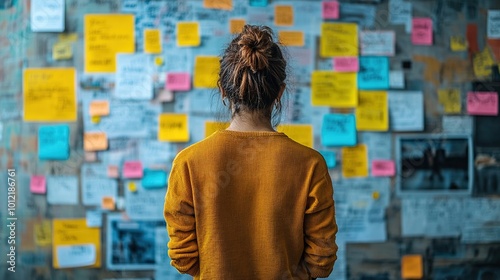 Woman Reviewing a Wall Covered in Sticky Notes