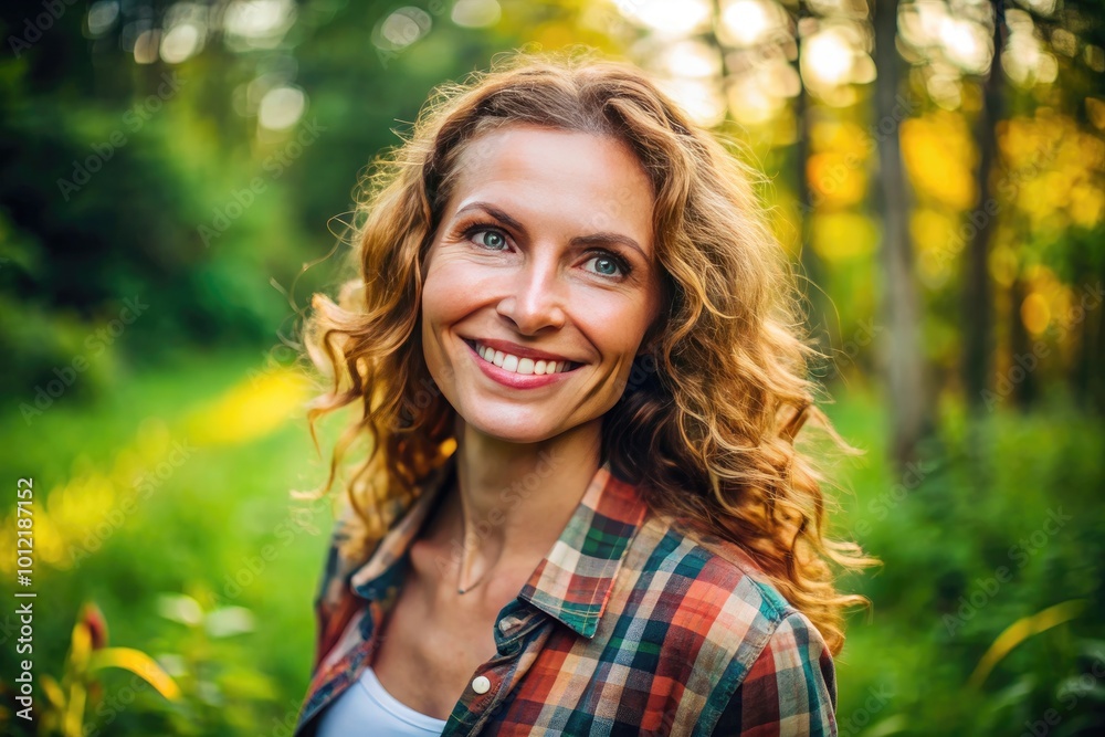 Empowered Woman Standing Confidently in Nature with a Bright Smile and a Graceful Posture Empowered Woman Standing Confidently in Nature with a Bright Smile and a Graceful Posture