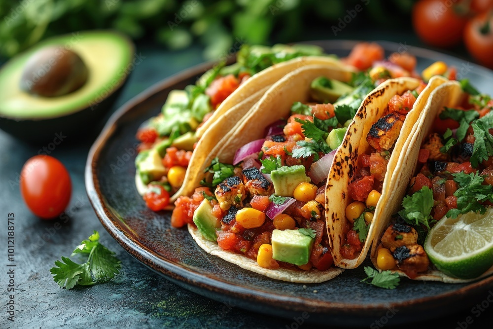 Three delicious tacos with grilled tofu, corn, tomato salsa, avocado, onion, and cilantro on a dark blue plate with a half avocado, a whole cherry tomato, and a lime on the side. Three delicious tacos with grilled tofu, corn, tomato salsa, avocado, onion, and cilantro on a dark blue plate with a half avocado, a whole cherry tomato, and a lime on the side.