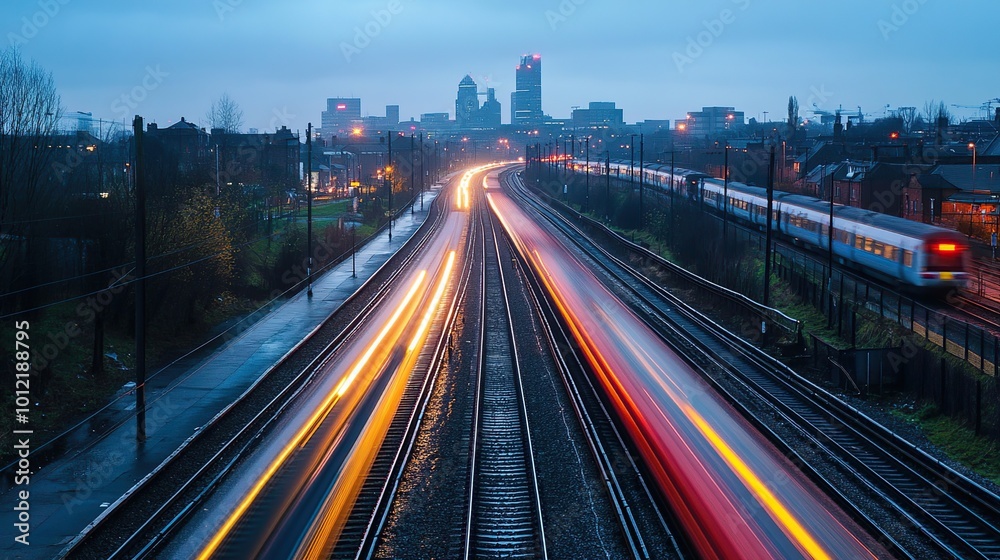 Fototapeta premium Train Tracks at Dusk with City Skyline in the Background