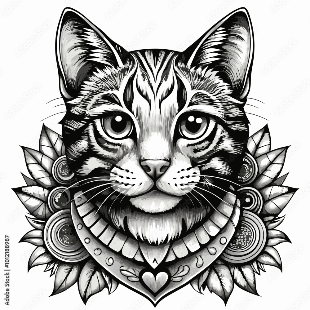 Obraz premium Detailed black and white cat illustration with decorative elements