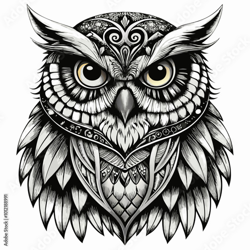  Intricate black and white owl illustration with ornamental details