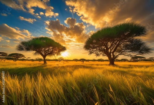 expansive savanna landscape showcasing dramatic cloud formations under vivid blue sky lush green grasses golden sunrise, nature, outdoor, light, horizon, scene