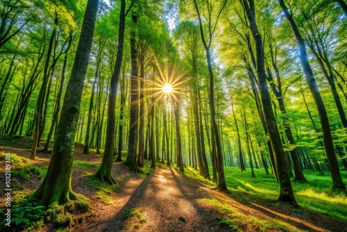 Enchanting Baciu Forest in Romania: Lush Greenery, Sunlight Filtering Through Dense Foliage photo