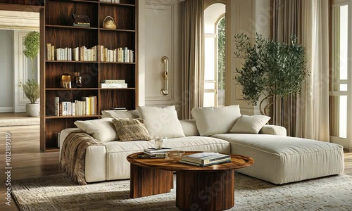 modern scandinavian living interior with wooden sofa, armchair, rattan, rattan and rattan plant in white and beige tones.