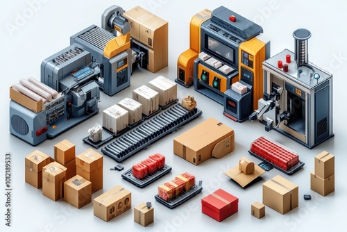 A 3D rendering of a production line with multiple machines, conveyors, and boxes of different sizes.