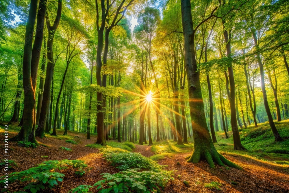 Fototapeta premium Enchanting Forest Landscape with Lush Greenery, Sunlight Filtering Through Leaves and Serenity
