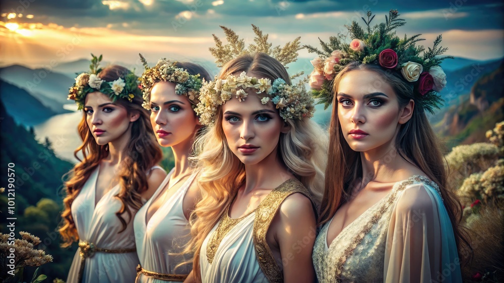 Obraz premium Enchanting Greek Goddesses in Mythical Landscapes Representing Beauty, Wisdom, and Strength