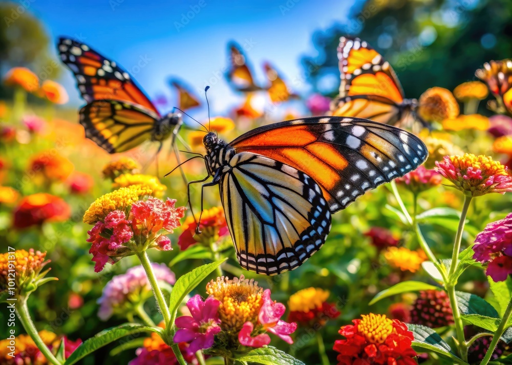 Obraz premium Enchanting Monarch Butterfly Sanctuary with Vibrant Flowers and Lush Greenery in Natural Habitat