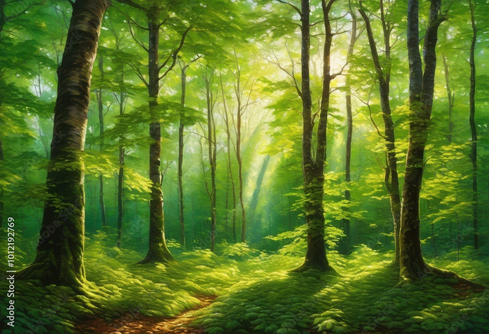Fototapeta premium lush forest landscape showcasing dense canopies vibrant foliage vivid detail, biodiversity, branches, bush, colors, conservation, density, ecosystem